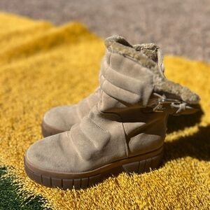 Free People Tan Suede-Look Faux Shearling Combat Ankle Boots